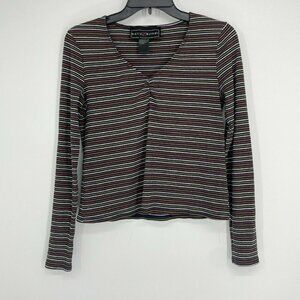 Polly & Esther Blouse Women's Sz L Black Red Striped V Neck Ruched Knit Pullover